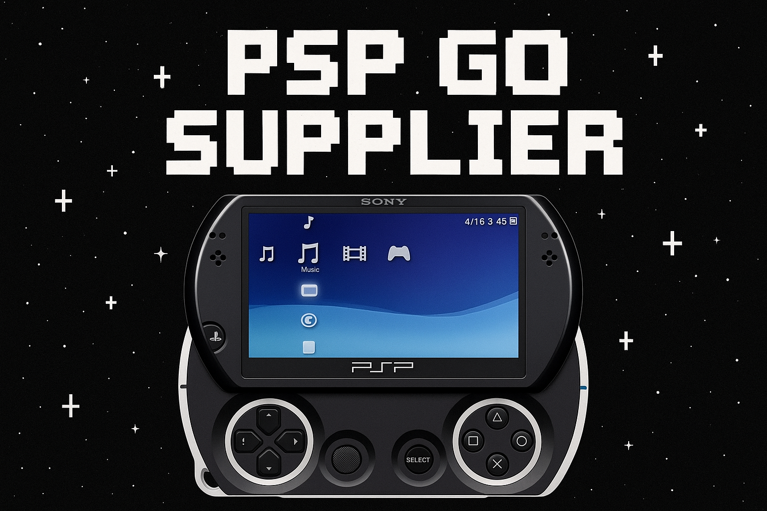 add a psp GO with a black background and stars and the font minecraft text and it stating " PSP GO Supplier"