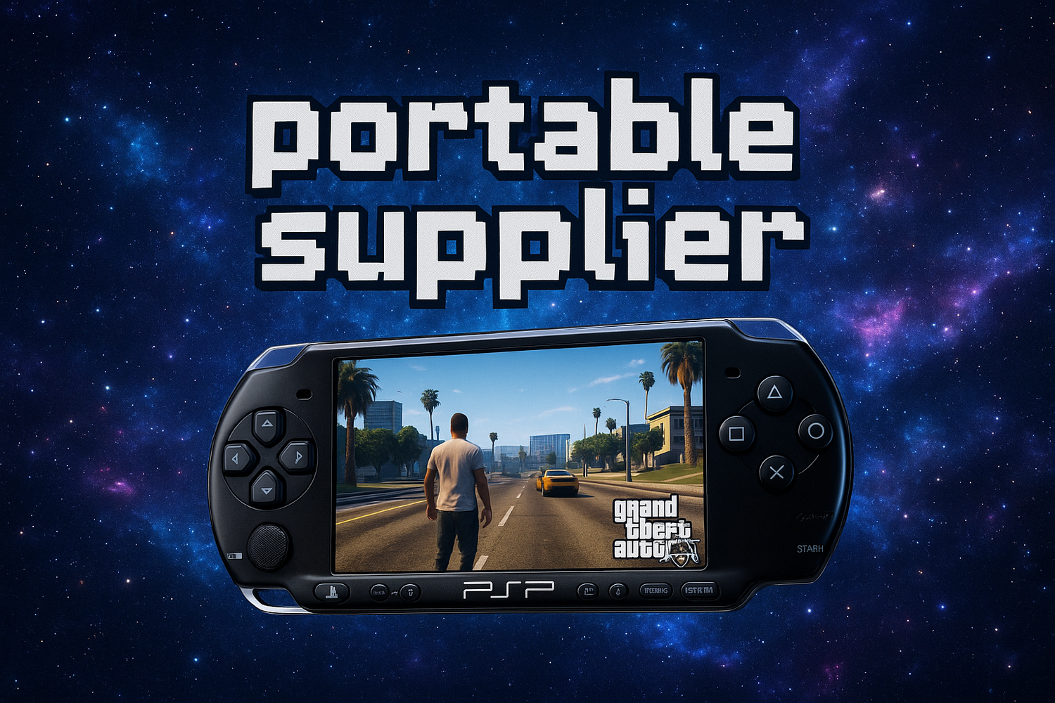 play station portable game playing gta V inn space star background with the words in a minecraft font stating "portable supplier"