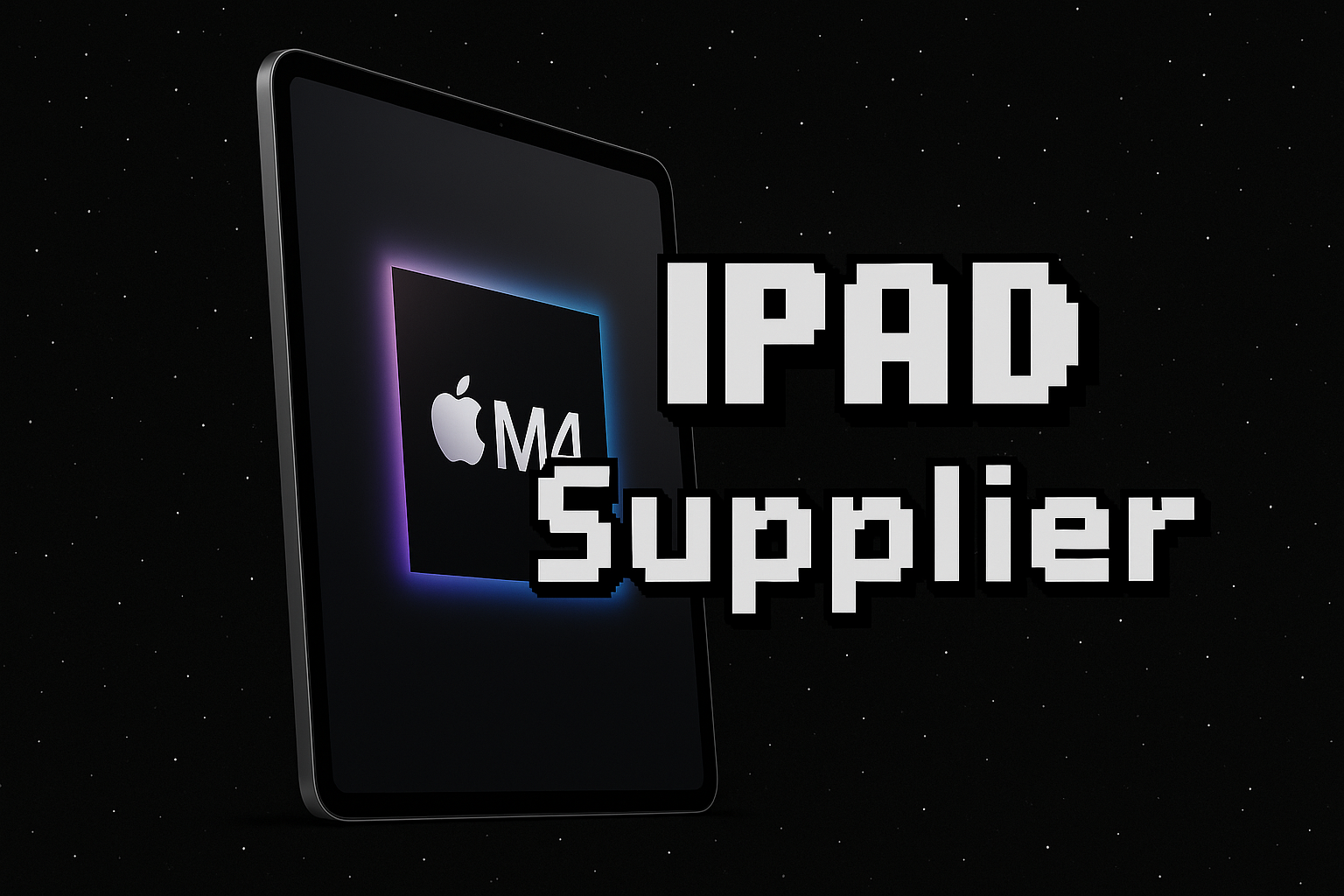 Put a iPad m4 chip 2024 13 inch with the black background and white stars and a text stating "IP4D Supplier" in a minecraft font.