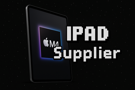 Put a iPad m4 chip 2024 13 inch with the black background and white stars and a text stating "IP4D Supplier" in a minecraft font.