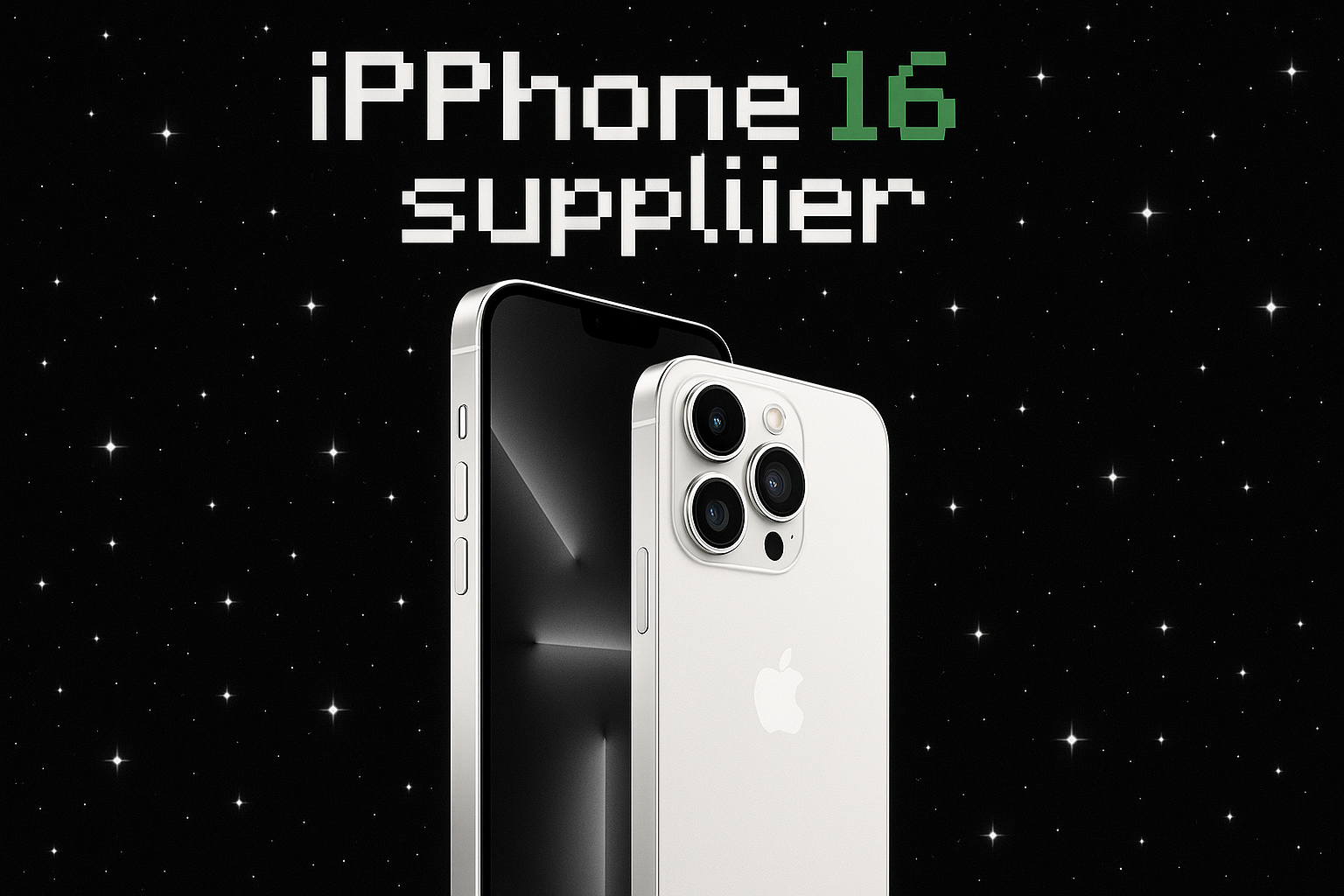 put a iphone 16 pro max the white color iphone  with black background  included with stars in the back with the text at the top of the page stating " IPh0ne 16 supplier" in minecraft text