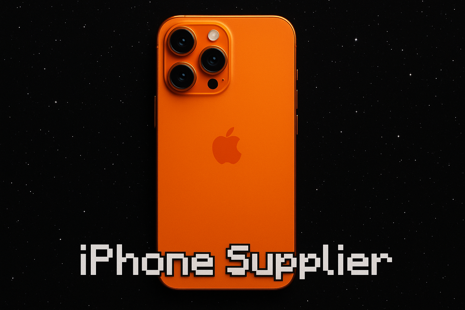 Put a iphone 17 pro max with 3 cameras on the back the orange color way inside with the black background and stars and the text with minecraft font stating "IPhone Supplier"
