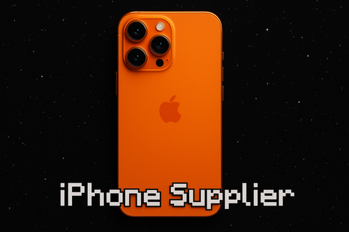 Put a iphone 17 pro max with 3 cameras on the back the orange color way inside with the black background and stars and the text with minecraft font stating "IPhone Supplier"